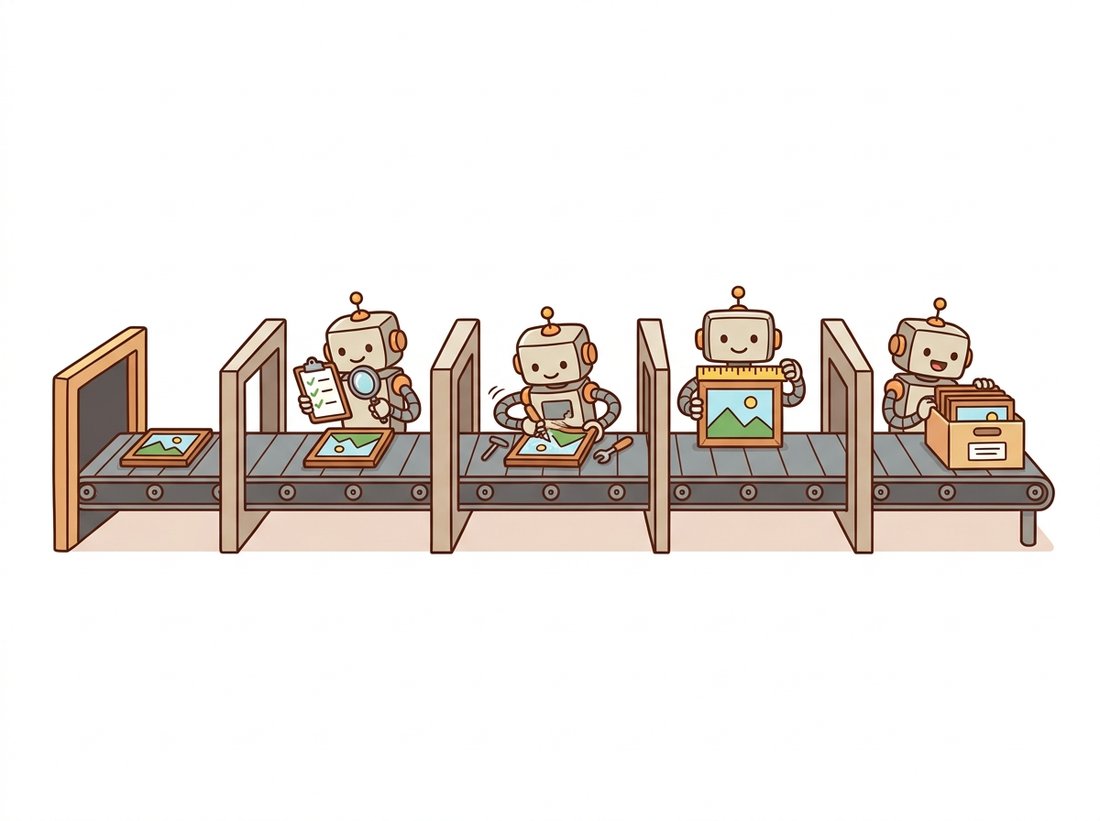 A cheerful five-station conveyor belt where small robots in turn receive an image, inspect it with a checklist, transform it, measure it with a gauge, and file it into storage, illustrating the load, validate, transform, measure, save skeleton shared by every vision system in the book.