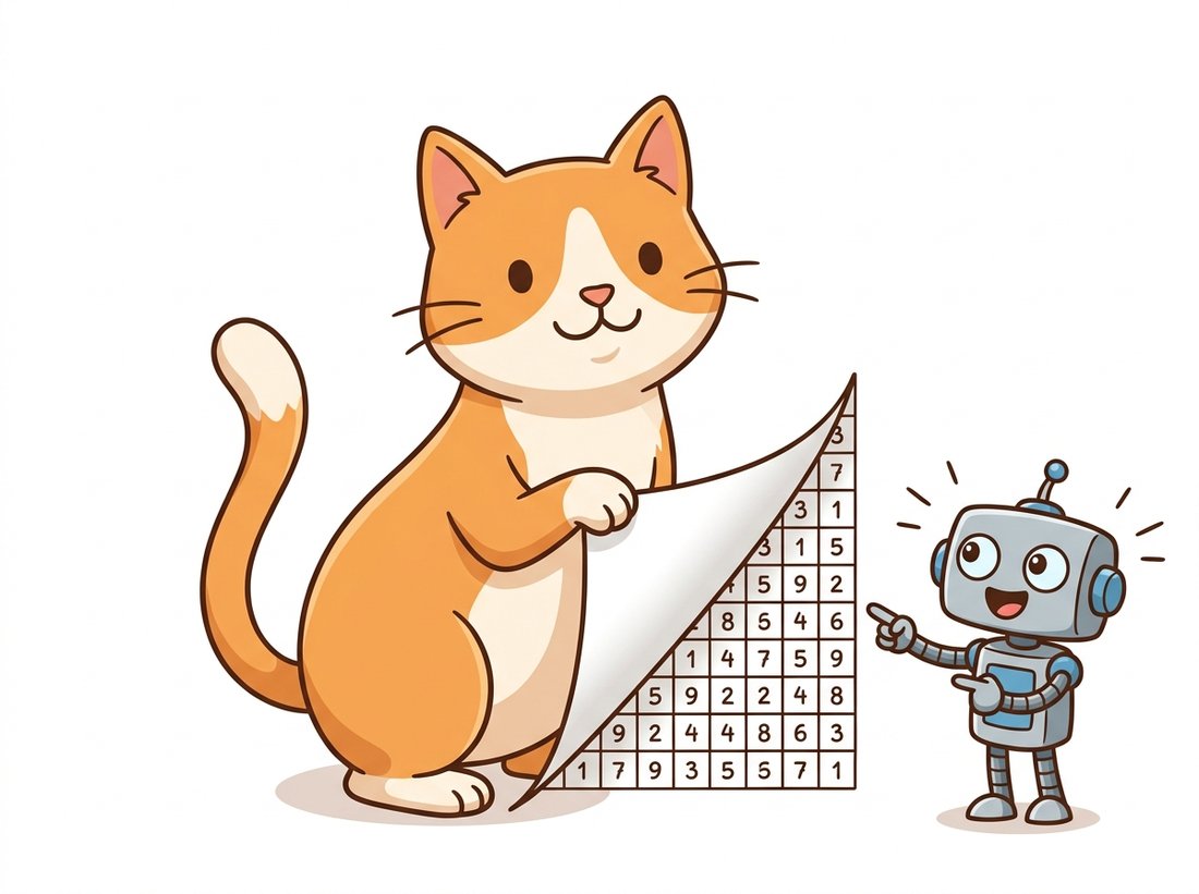 A cartoon cat photograph peels back its own corner to reveal it is secretly a grid of numbers underneath, while a friendly robot points between the photo and the number grid, illustrating that in Python an image is not represented by an array, it literally is a NumPy array of pixel values.