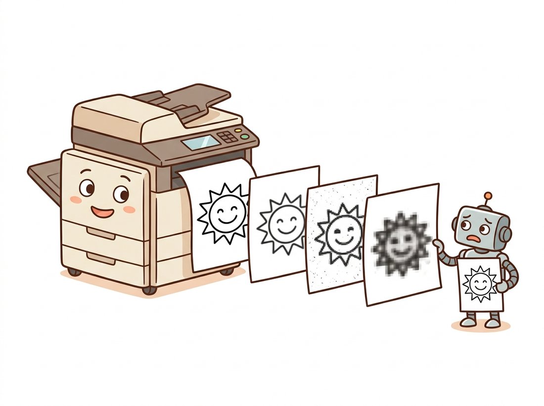 A photocopier emits a row of copies of a smiling sun that get progressively fuzzier and blockier from left to right while a worried robot compares the worst copy to the crisp original, illustrating how repeatedly re-saving a JPEG compounds compression loss like photocopying a photocopy.