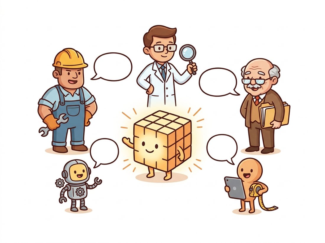 A glowing NumPy array cube sits at the center as a friendly host while a worker in a hard hat, a scientist with a magnifying glass, an elderly archivist, and other specialist characters all speak to it through empty speech bubbles, illustrating that OpenCV, scikit-image, Pillow and the rest are not rivals but dialects of one shared array language.
