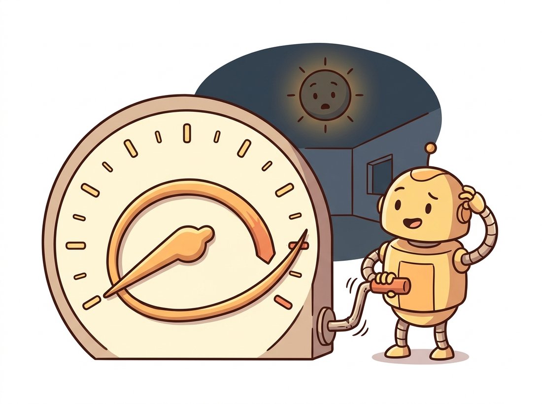 A robot cranks a brightness dial past its maximum tick and the needle wraps around to the bottom, turning a bright sun dim, illustrating how uint8 pixel values overflow modulo 256 so that adding brightness can paradoxically make pixels darker.