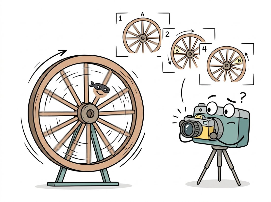 A fast-spinning spoked wagon wheel viewed through a snapping camera shutter appears to rotate slowly backwards, while a sneaky spoke pattern wears a disguise mask, illustrating how aliasing makes undersampled high-frequency detail masquerade as a false low-frequency pattern that was never in the scene.