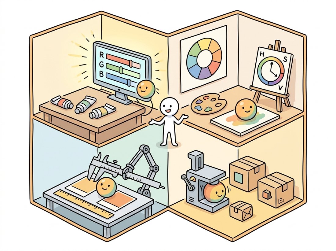 A cutaway cartoon house with four rooms, the same colored ball in each: a workshop with paint tubes and a screen for RGB on devices, an artist studio with a color wheel for HSV selection, a measuring lab with calipers comparing swatches for Lab perceptual distance, and a packing room compressing the ball for YCbCr storage.