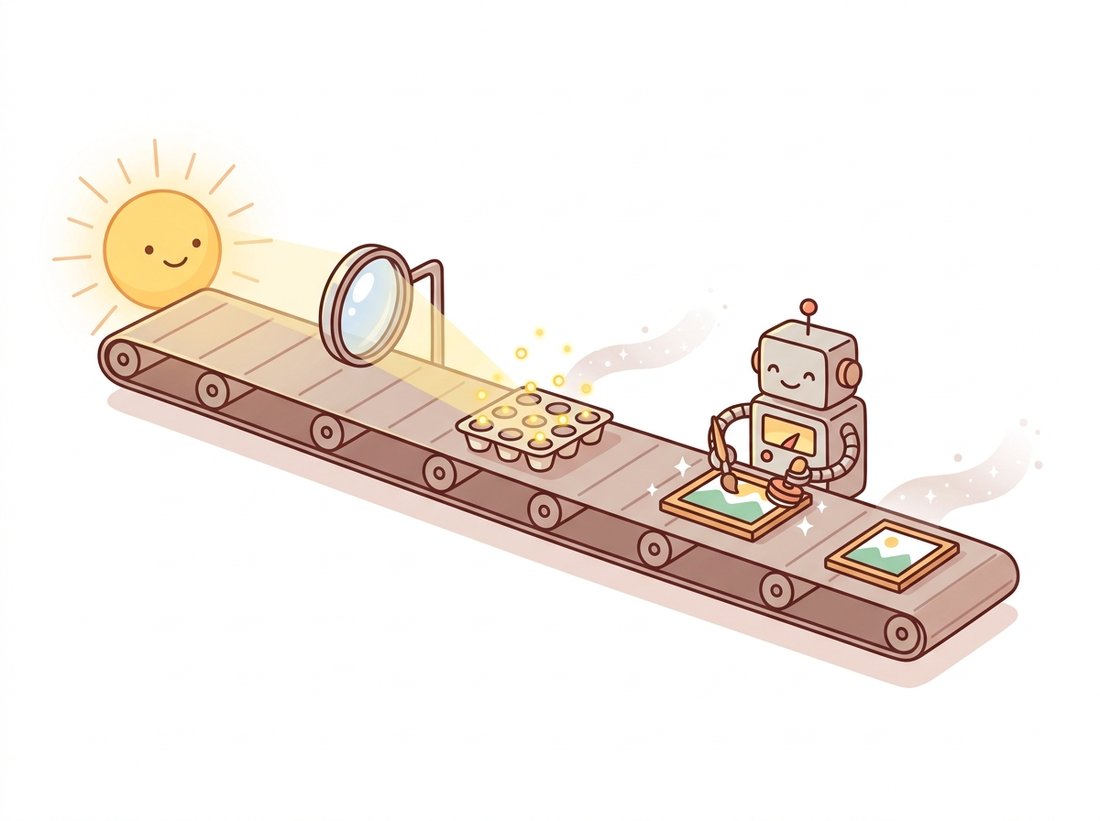 A cartoon factory conveyor belt carries an image from sunlight on the left through a lens, a grid sensor catching glowing photons, and a small robot that paints and stamps the picture, ending as a framed photo on the right, with faint sparkles drifting away at each stage to show information being lost along the imaging pipeline.