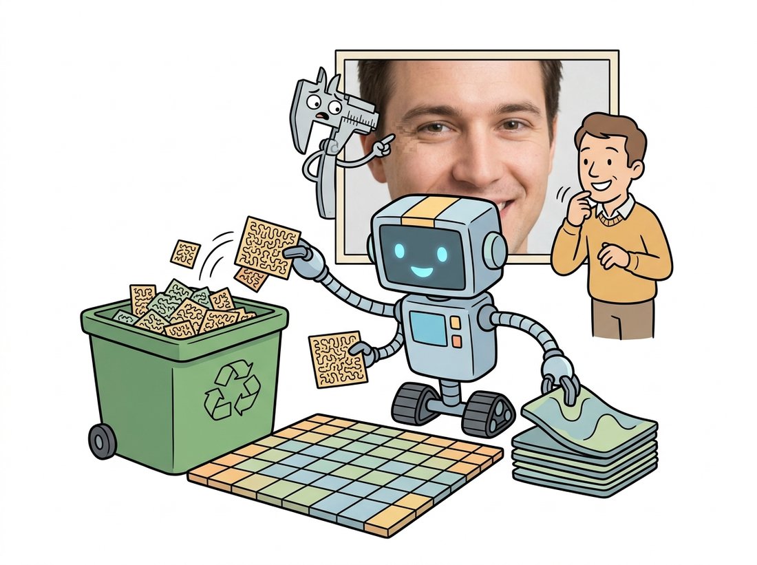 A cartoon sorting robot over an 8 by 8 grid of detail tiles tosses fine high-frequency tiles into a recycling bin while keeping smooth low-frequency ones, as a human happily accepts the result but a small measuring-tool character notices missing texture and a faint blocky seam, illustrating JPEG quantization discarding detail.