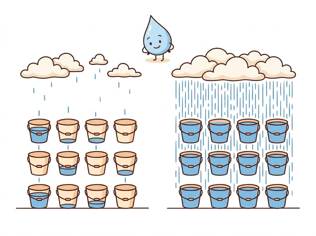 Two grids of small buckets catching rain: under a light drizzle the buckets hold wildly uneven amounts and look grainy, while under heavy steady rain they fill evenly and look smooth, illustrating how few photons per pixel produce noisy low-light images and many photons produce clean ones.