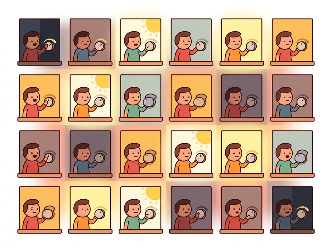 A cartoon apartment building drawn as a grid of windows where a small manager in each room tunes a brightness dial to that room's own lighting, some dials wear a limiter cap, and soft glow blends the settings between adjacent windows, illustrating how CLAHE computes a contrast curve per tile, caps each tile with a clip limit, and blends neighboring tiles to remove seams.