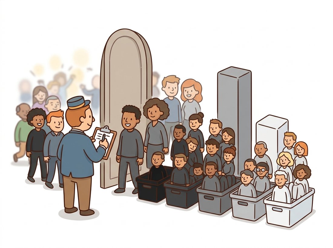 A cartoon doorman with a clipboard tallies arriving guests by the shade of their clothing into rising stacked bins from dark to light while keeping his back to the room and ignoring where anyone stands, illustrating that a histogram records how many pixels take each intensity value but throws away all spatial information about where they are.