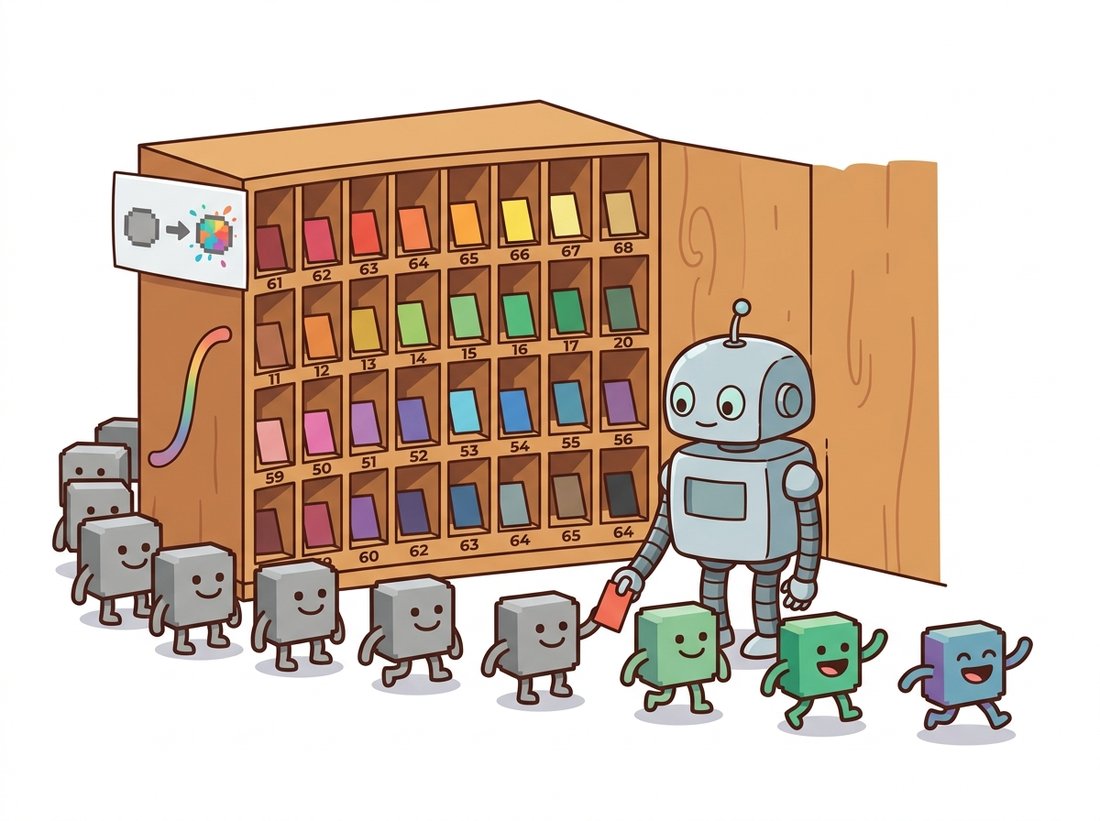 A friendly robot beside a cabinet of pre-filled color cubbies hands a finished color chip to each grey pixel as it files past, with a tone curve painted on the cabinet, illustrating a 256-entry lookup table that evaluates a point operation once per possible input then remaps every pixel with a single fast table read.