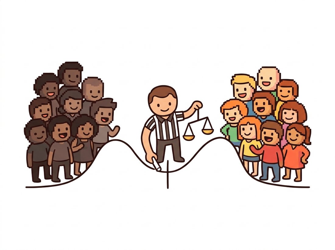 A cartoon referee stands in the dip between a tight dark-shaded crowd on the left and a tight bright-shaded crowd on the right and chalks one vertical dividing line in the valley while holding a balance scale, illustrating Otsu's method choosing the single threshold that splits the histogram into two compact, maximally separated classes.