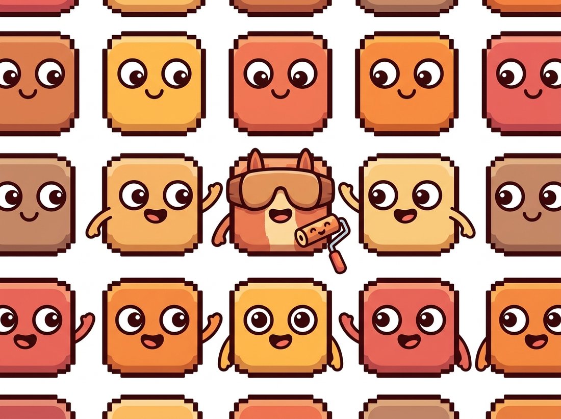 A grid of cartoon pixel squares where a single central pixel wears blinkers and is repainted a new shade by a small paint roller while cheerfully ignoring the neighbor pixels waving beside it, illustrating that a point operation transforms each pixel using only that pixel's own value with no knowledge of any neighbor.