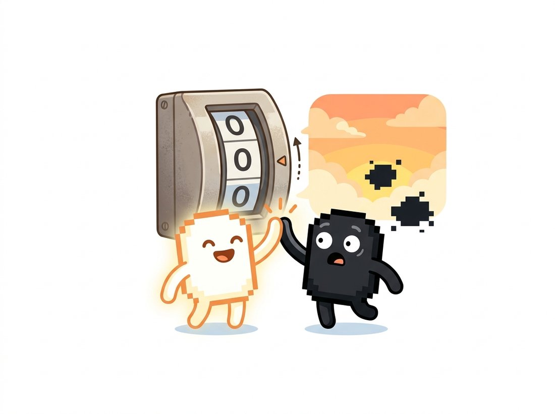 Two bright cartoon pixels high-five to add their brightness but a rolling odometer counter flips past its maximum back to zero so the combined pixel turns startled and pitch black, while a sunny sky shows blotches of dark garbage pixels nearby, illustrating how modular uint8 arithmetic wraps around at 256 and silently turns bright sums into dark glitch pixels.