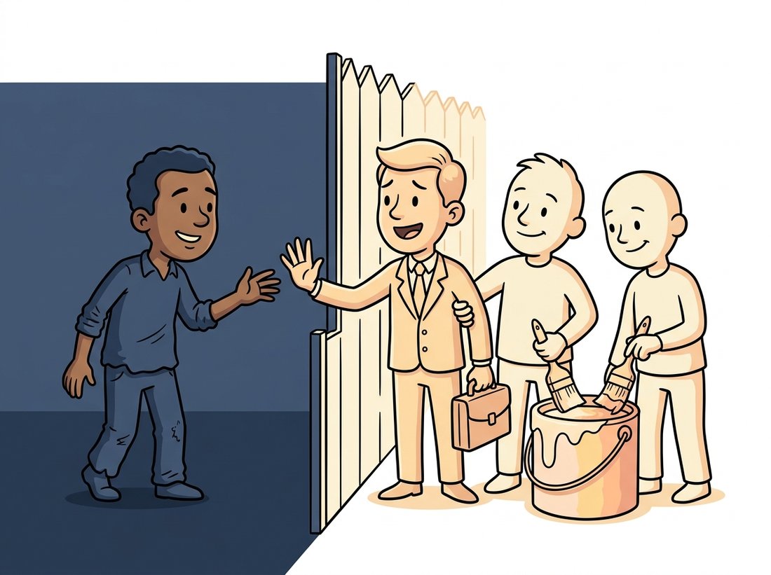 A courteous cartoon diplomat on the bright side of a crisp fence blends paint with similar light-colored neighbors while politely declining a friendly dark-colored neighbor reaching across the boundary, leaving the fence sharp. The scene illustrates the bilateral filter's range veto, which averages a pixel only with neighbors of similar intensity so edges survive smoothing untouched.