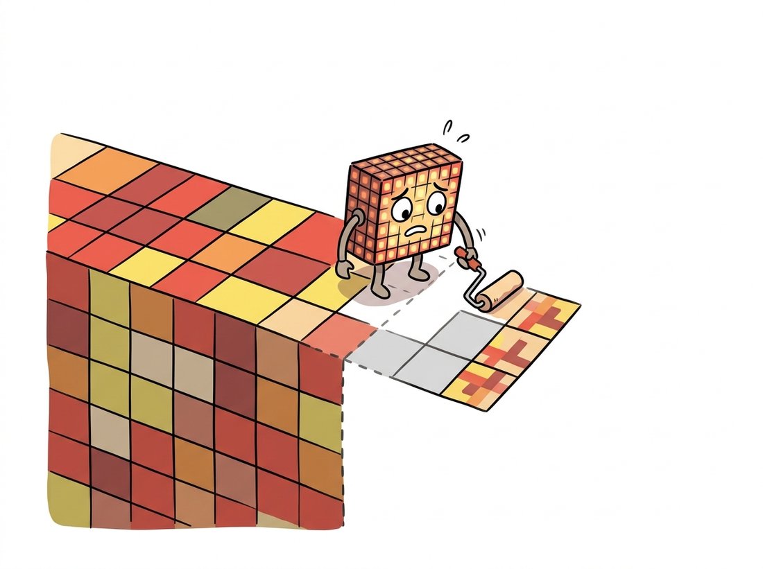A worried little grid-shaped kernel robot stands at the edge of a grid of pixel-tiles with part of its footprint hanging over empty white space, hastily painting fake placeholder tiles, some plain gray and some mirrored copies of the real edge, while a dashed line marks where the real image ends. The scene illustrates the border problem, where a kernel running off the image must invent missing pixels through padding, and the choice of padding policy determines the artifacts.