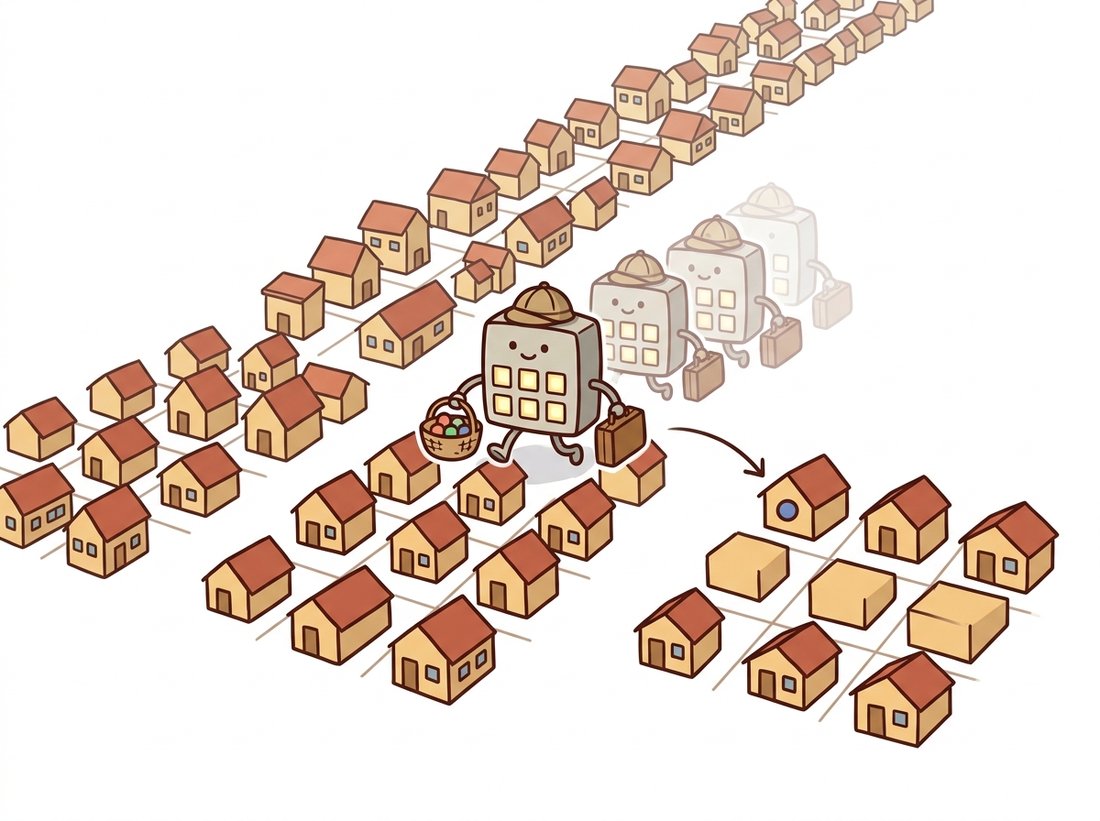 A friendly grid-shaped robot with an explorer cap slides across a neighborhood of pixel-houses, gathering colored dots from the nine houses directly under it and placing one combined dot onto a fresh output grid, with a faint motion trail showing it stepping from block to block. The scene depicts convolution as slide, multiply, sum: a small kernel visiting every pixel's neighborhood to produce one output pixel at a time.