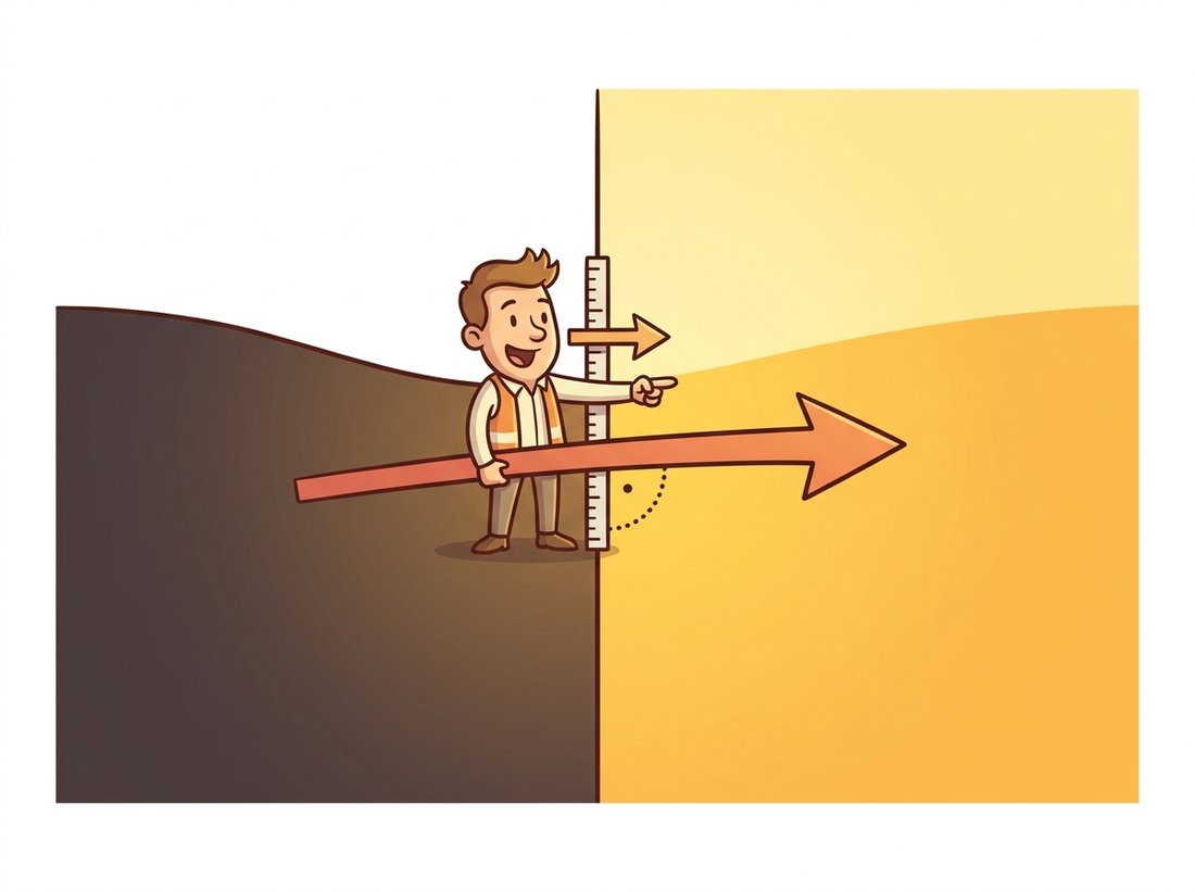 A cartoon surveyor stands where a dark region meets a bright region and points a bold arrow straight across the boundary from dark toward bright, with a small right-angle mark showing the arrow is perpendicular to the vertical edge line. The scene illustrates that a derivative filter's gradient direction points across an edge along the steepest brightness climb, not along the edge itself.