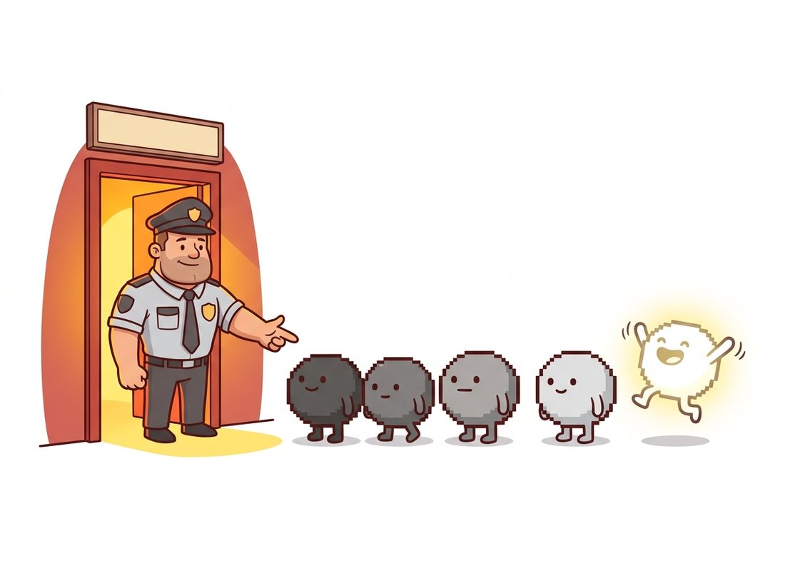 A calm cartoon bouncer lines up five pixel-characters in order of brightness and waves the sensible middle-gray one through the door, while politely stopping an over-bright glowing outlier at the end of the line from entering. The scene illustrates the median filter selecting the middle of a sorted window so a salt-and-pepper outlier is never chosen, unlike an average that would be dragged toward it.