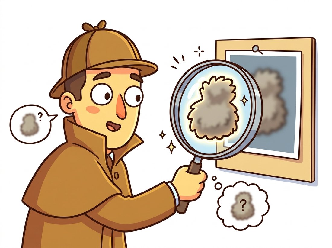 A cartoon detective inspects a blurry photo through a magnifying glass; the magnified view gains bold outlines and glowing edge halos so it looks crisper, yet the underlying shape is just as fuzzy, and a thought bubble shows the truly missing detail marked only with a question mark. The scene illustrates that sharpening exaggerates recorded edge contrast but cannot resurrect detail the optics never captured.