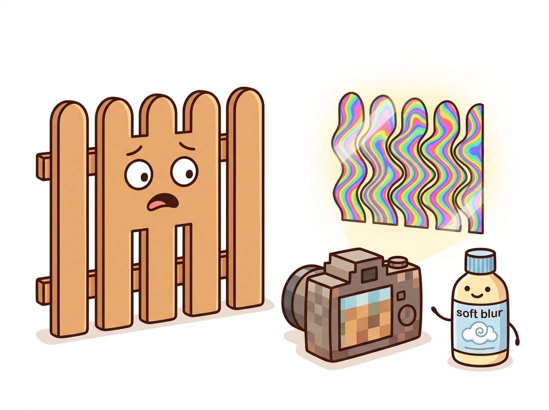 A picket fence character is dismayed that a low-resolution camera turns its evenly spaced planks into false swirling rainbow moire bands, with a soft-blur bottle offered as the fix, illustrating aliasing from undersampling and the prefilter-before-sampling cure.
