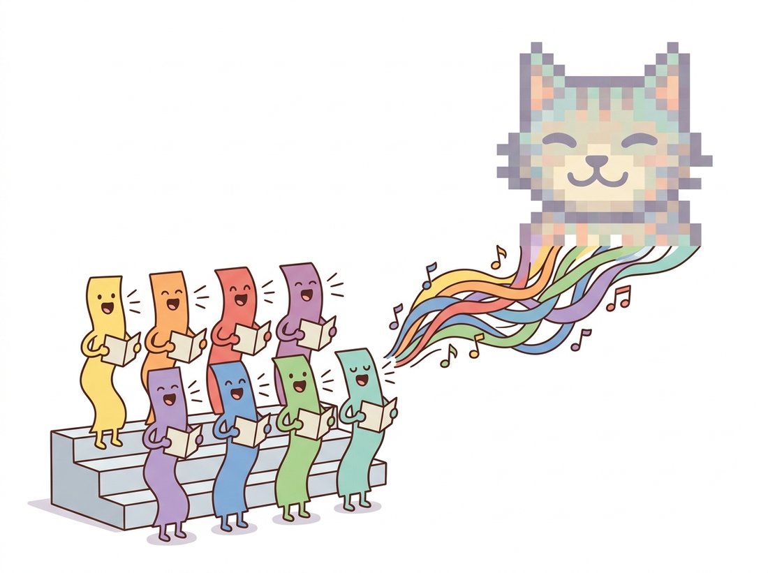 A choir of smiling sine-wave characters of different colors sings together, and their overlapping wavy ribbons merge on the right into the pixel portrait of a cat, showing that any image is exactly a weighted sum of two-dimensional sinusoidal waves.