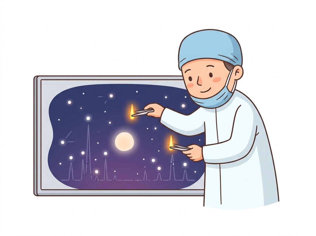 A cartoon surgeon uses tweezers to remove two symmetric bright spike-dots from a starry spectrum field while leaving the central glow and everything else untouched, depicting how a notch filter deletes a periodic-noise spike pair without disturbing the rest of the image.