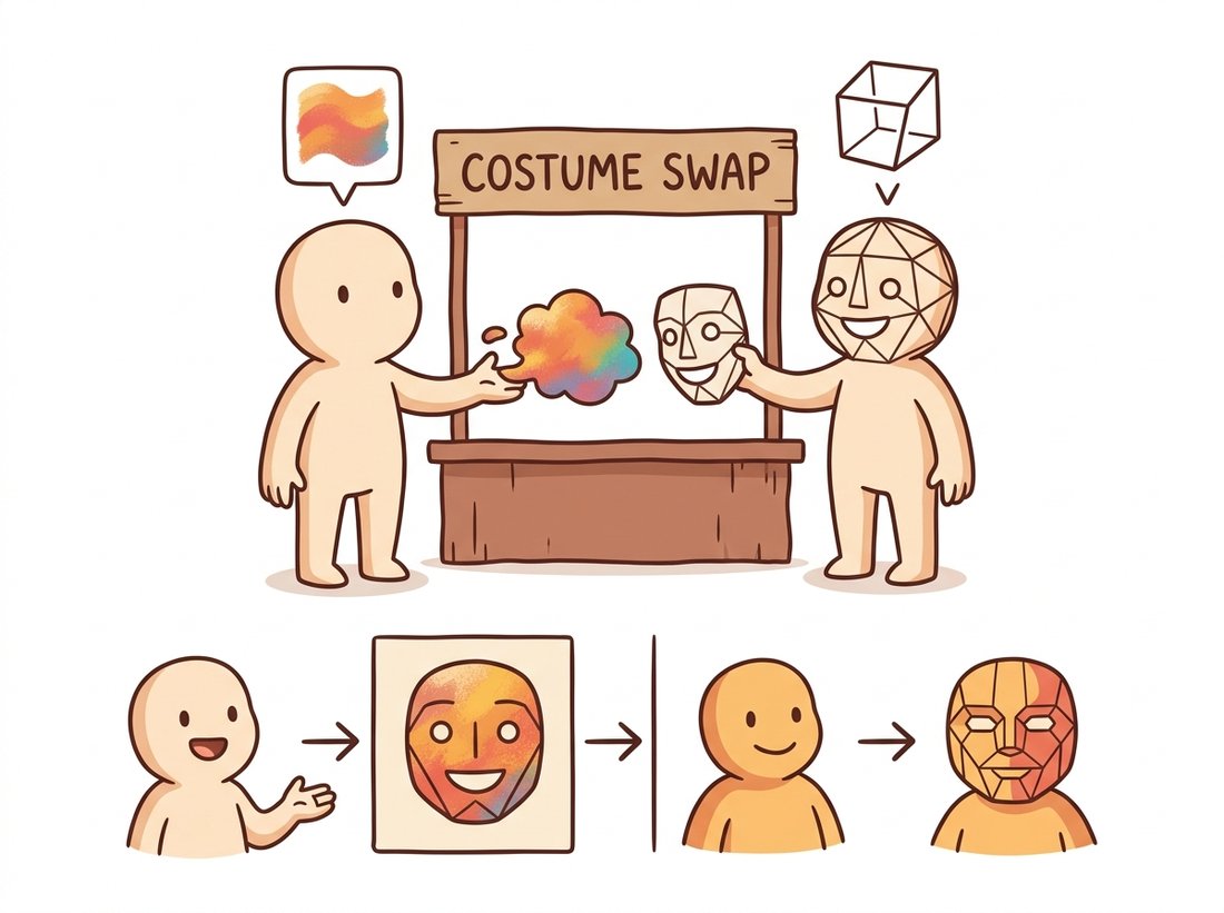 Two cartoon characters swap attributes at a booth: one donates only surface texture (amplitude) and the other donates the recognizable edge outline (phase); the resulting face is recognizable as the phase donor, illustrating that phase, not amplitude, encodes what we see.
