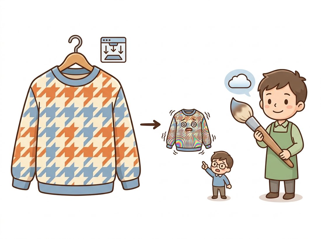 A patterned sweater is shrunk by a cartoon machine into a tiny thumbnail that breaks out in dizzy swirly rainbow moire ripples while a worried character points and a calm helper holds a soft blur brush, illustrating that downscaling a high-frequency texture without an anti-alias low-pass filter folds detail back as aliasing artifacts.