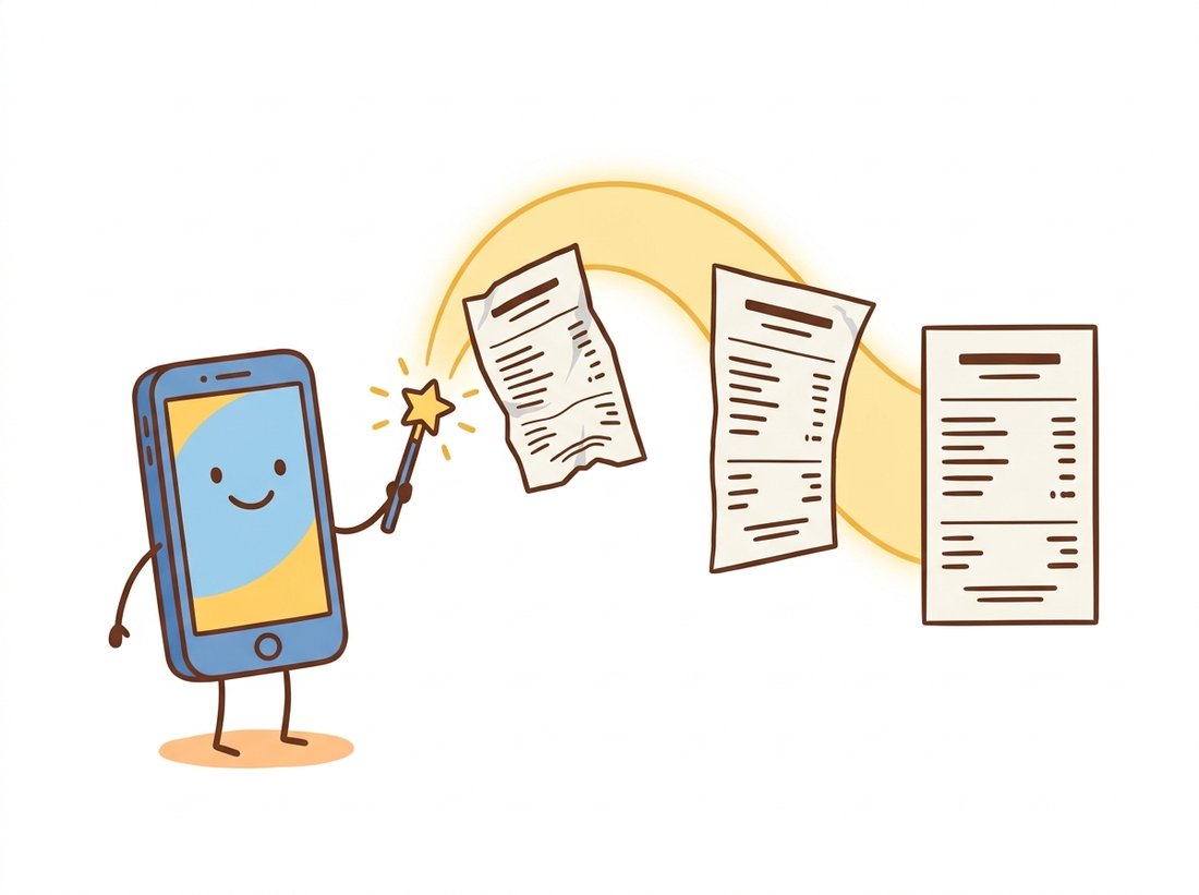 A friendly cartoon smartphone waves a small wand at a tilted trapezoidal photo of a crumpled receipt, and a glowing arc straightens it into a crisp upright rectangle resembling a clean flatbed scan, illustrating how a small matrix and a resampling step turn a wonky angled snapshot into a flat document.