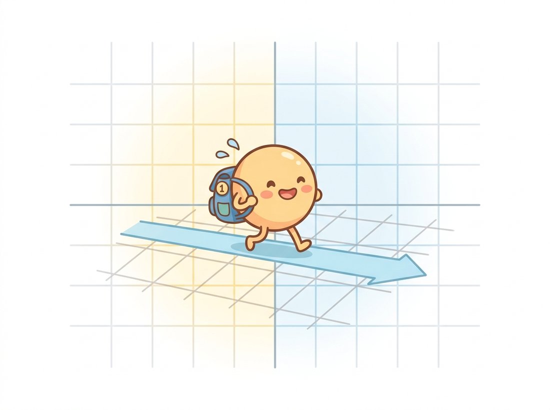 A cheerful round point character with little legs wears a small backpack badged with the digit one and glides smoothly along a straight track across a grid floor, illustrating how appending a third coordinate of one to a 2D point turns translation from an awkward addition into a single tidy matrix multiplication.
