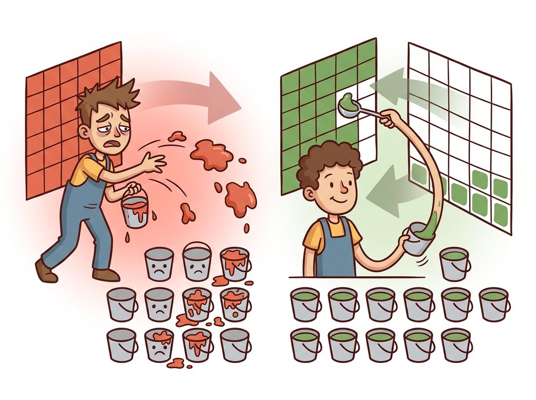 A split cartoon contrasts forward mapping, where a flustered worker tosses paint forward and leaves empty holes and double splatters in the output grid, against inverse mapping, where a calm worker stands at each empty output pixel and reaches back to the source image to scoop exactly the right value, filling every pixel once with no holes.