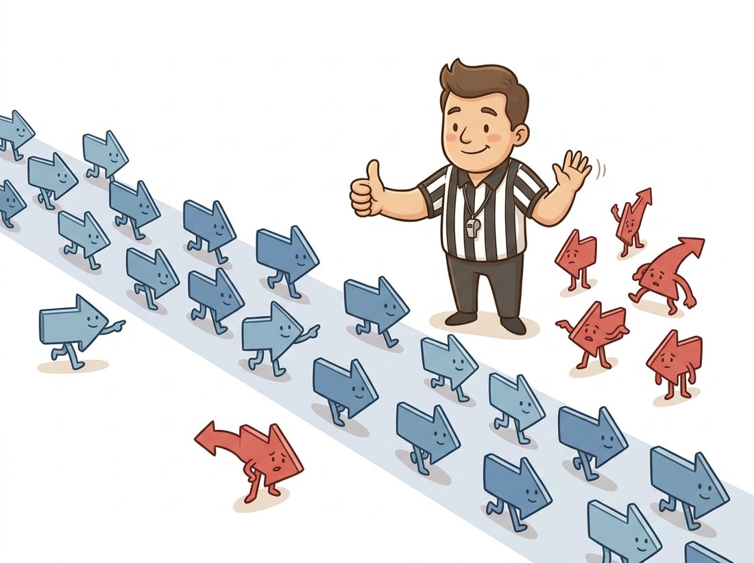 A friendly cartoon referee stands among arrow-shaped voters, giving a thumbs-up to a calm blue majority that all point the same way along a shaded consensus lane while waving off a scattered red minority pointing every which way, illustrating how RANSAC keeps the largest set of correspondences that agree on one transform and ignores the wrong matches.