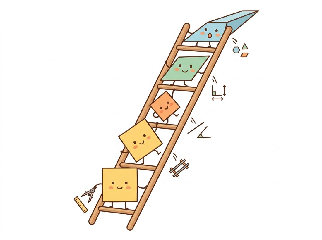 Five friendly square characters climb a five-rung ladder, each more distorted than the one below: a perfect square, then rotated, then scaled, then sheared into a parallelogram, then stretched into a perspective trapezoid, each dropping a small token like a ruler or a pair of rails to show one geometric invariant being surrendered at every rung.