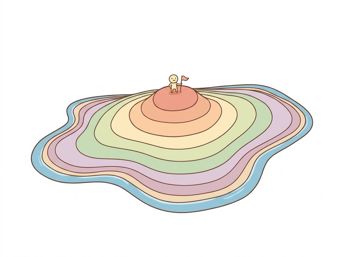 A blob-shaped island drawn as a topographic hill with concentric contour bands rising from its water-blue coastline to a warm central peak where a small character stands, illustrating how the distance transform turns distance-from-boundary into elevation whose summit is the deepest interior point of the shape.