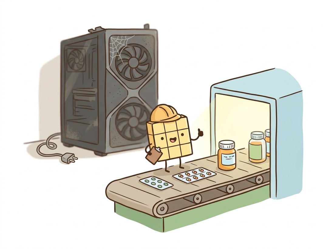 A small friendly 3-by-3 square structuring element character cheerfully inspects bottles and pills passing on a backlit factory conveyor, while a giant expensive GPU tower sits idle and cobwebbed in the background, dramatizing how a tiny morphology pipeline quietly does the real industrial inspection work.