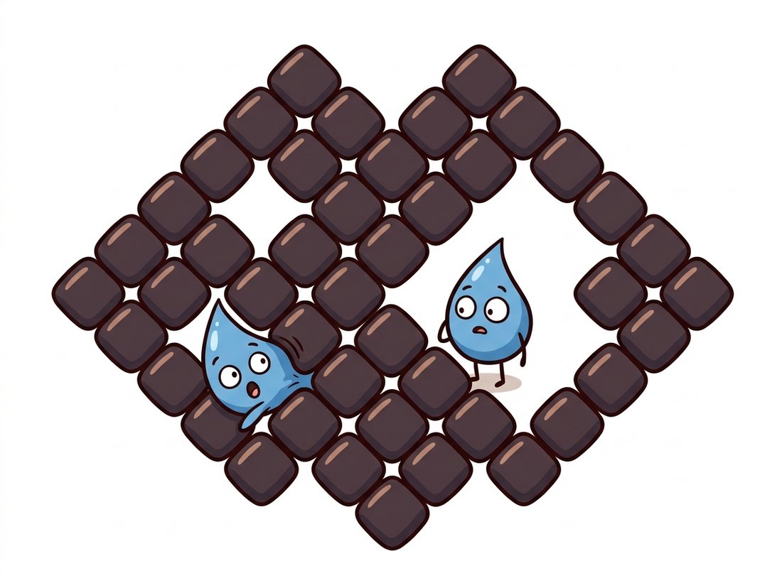 A diamond-shaped fence of pixel blocks that touch only at their corners, with a small trapped character slipping sideways through a diagonal corner gap and escaping to the outside, illustrating the digital Jordan curve paradox where an 8-connected closed loop fails to truly enclose its interior.