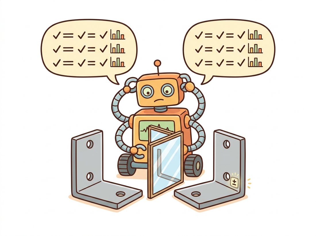 Two L-shaped brackets that are exact mirror images stand by a small mirror while a confused measuring robot holds up two identical report cards, with only a tiny plus-and-minus badge differing between the parts, dramatizing how every reflection-invariant shape descriptor reads identical for mirror-image parts except the sign of the seventh Hu moment.