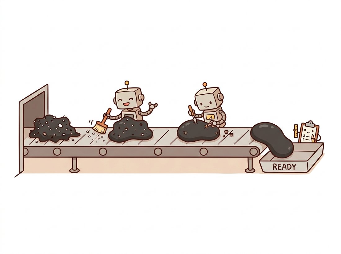 A cartoon factory assembly line where a noisy dark blob speckled with specks and pinholes enters, one robot worker brushes away the small specks (opening), the next patches the small holes (closing), and a clean blob rolls off to a counting-and-measuring station, depicting the standard open-then-close mask cleanup pipeline.