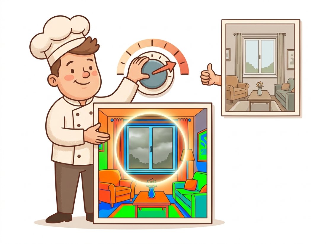A cartoon tone-mapping chef cranks a dial far past a sensible mark and proudly presents an overcooked HDR photo with a glowing halo around the window, a grayish dramatic sky, and an over-saturated interior, while a calm natural version of the same photo waits beside it, depicting how aggressive local tone mapping produces the halos and radioactive HDR look that overspends the radiance measurement.