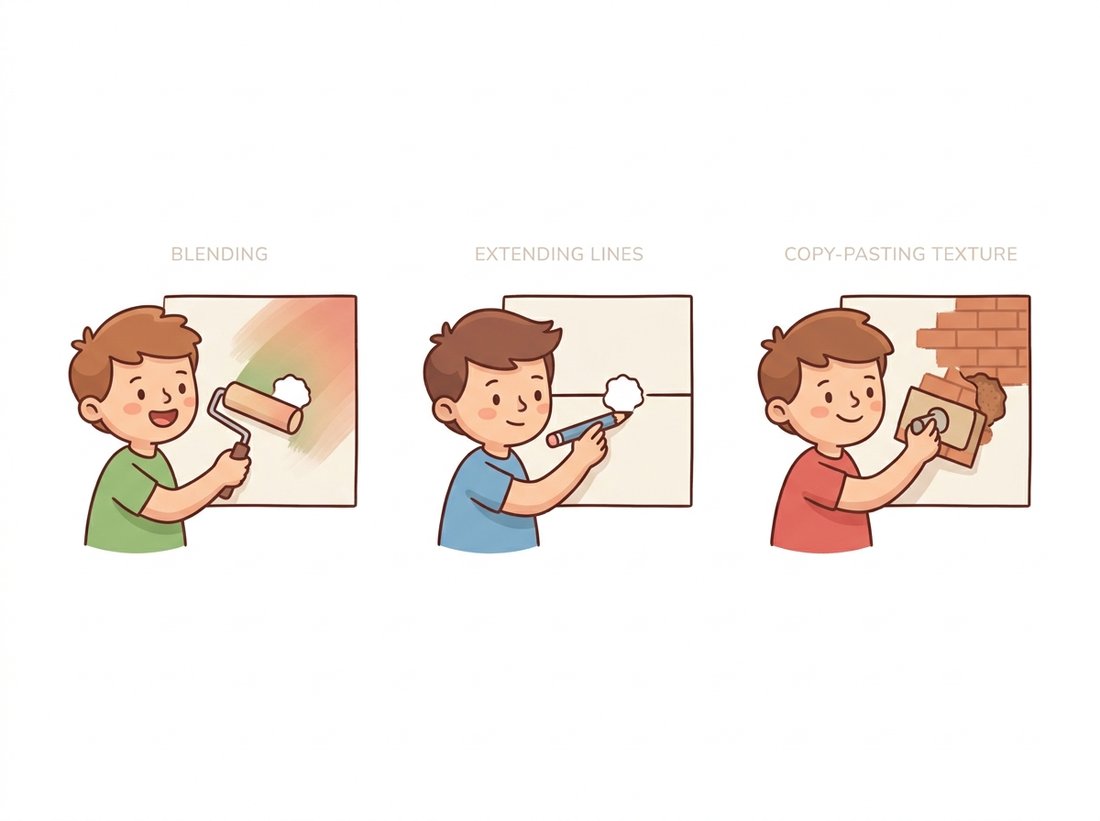 Three friendly cartoon helpers fix holes in a picture three different ways: one smoothly blends color inward with a roller, one extends an interrupted line across the gap with a pencil, and one copies brick texture from elsewhere with a stamp tool, depicting smoothness, structure-continuing, and exemplar inpainting as different priors suited to different holes.