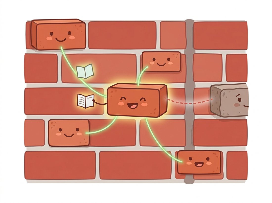 A highlighted cartoon brick on a wall connects with glowing green threads to several similar-looking bricks scattered far across the wall, while politely rejecting a nearby but different brick across an edge with a faded dashed thread, depicting non-local means denoising as averaging a pixel only with patches that genuinely resemble it from anywhere in the image.