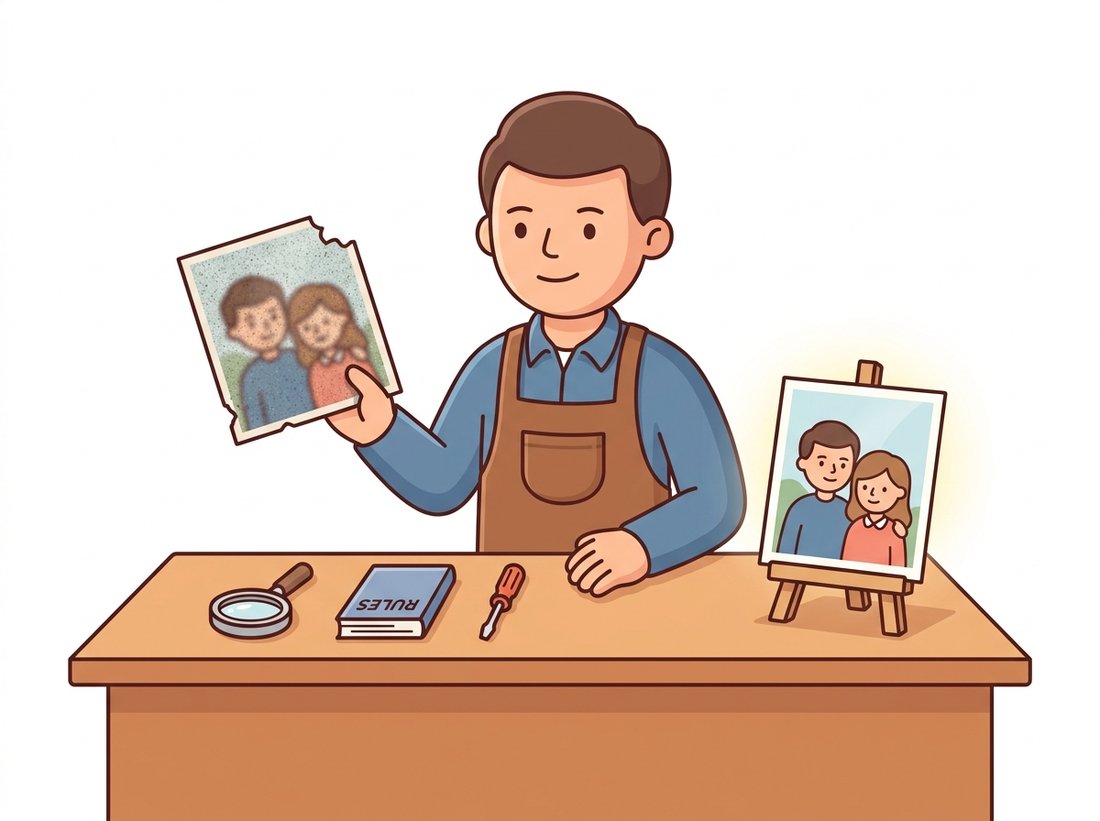 A friendly cartoon repair-shop worker at a workbench holds a blurry, noisy, torn photograph while a cleanly restored photo glows on an easel nearby, with three small tools (magnifier, rule book, screwdriver) laid out in order, depicting restoration as the disciplined craft of modeling damage, naming a prior, and inverting it to recover a clean image.