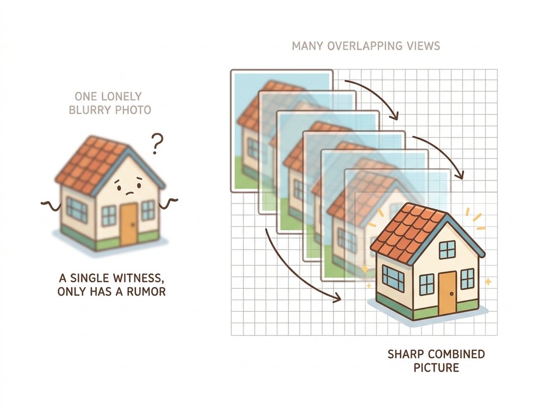 On the left a single blurry photo of a house shrugs alone; on the right several slightly shifted blurry copies of the same house slide and stack onto a finer grid, and where they overlap a crisp sharp house emerges, depicting multi-frame super-resolution fusing sub-pixel-shifted low-resolution frames into genuine new detail that no single frame contains.