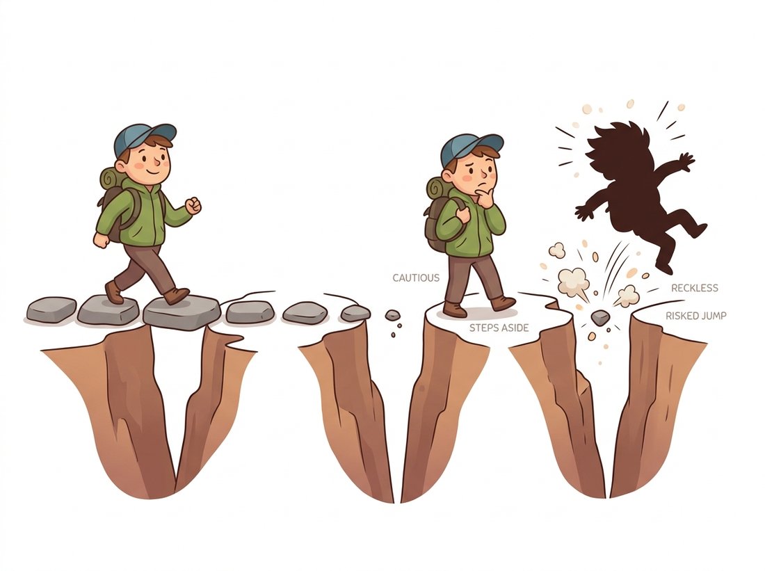 A careful cartoon hiker crosses a canyon on stepping stones, striding over solid high stones but wisely stepping aside where the stones shrink to almost nothing, while a reckless twin who leaps onto a tiny stone is flung skyward in a burst of noise specks, depicting the Wiener filter recovering frequencies where signal is strong but refusing to divide where the blur has crushed them near zero.