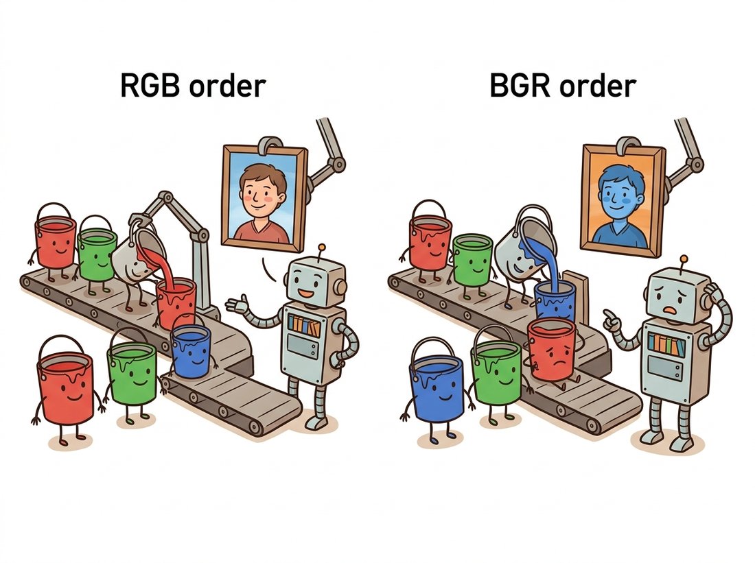 Two side-by-side cartoon portraits: one painted with red, green, and blue buckets in the correct order looks natural, while the other has its red and blue buckets swapped and comes out with blue skin and an orange sky, illustrating the OpenCV BGR versus RGB channel-order trap that silently tints images.
