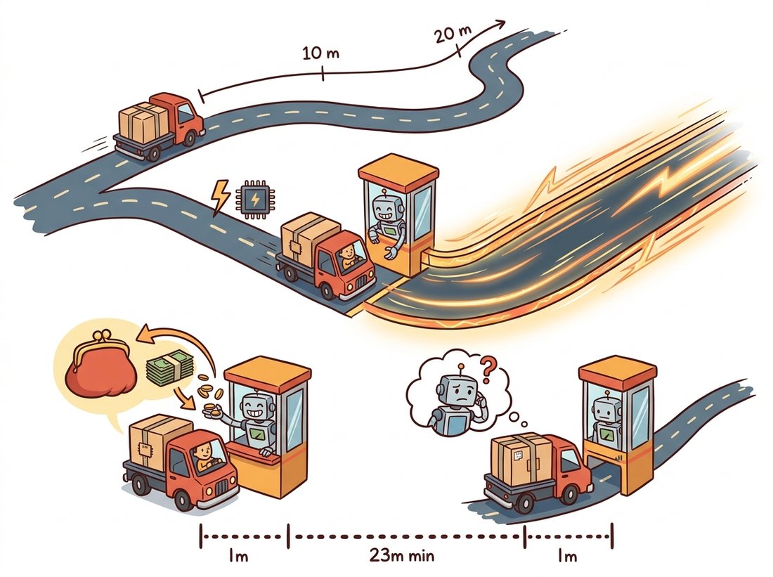 A tiny pixel package on a truck pays a heavy toll twice at the entrance of a glowing fast GPU racetrack, making the round trip slower than the ordinary road beside it, illustrating that for a single operation the host-to-device and device-to-host transfer toll can cost more than the GPU kernel saves.