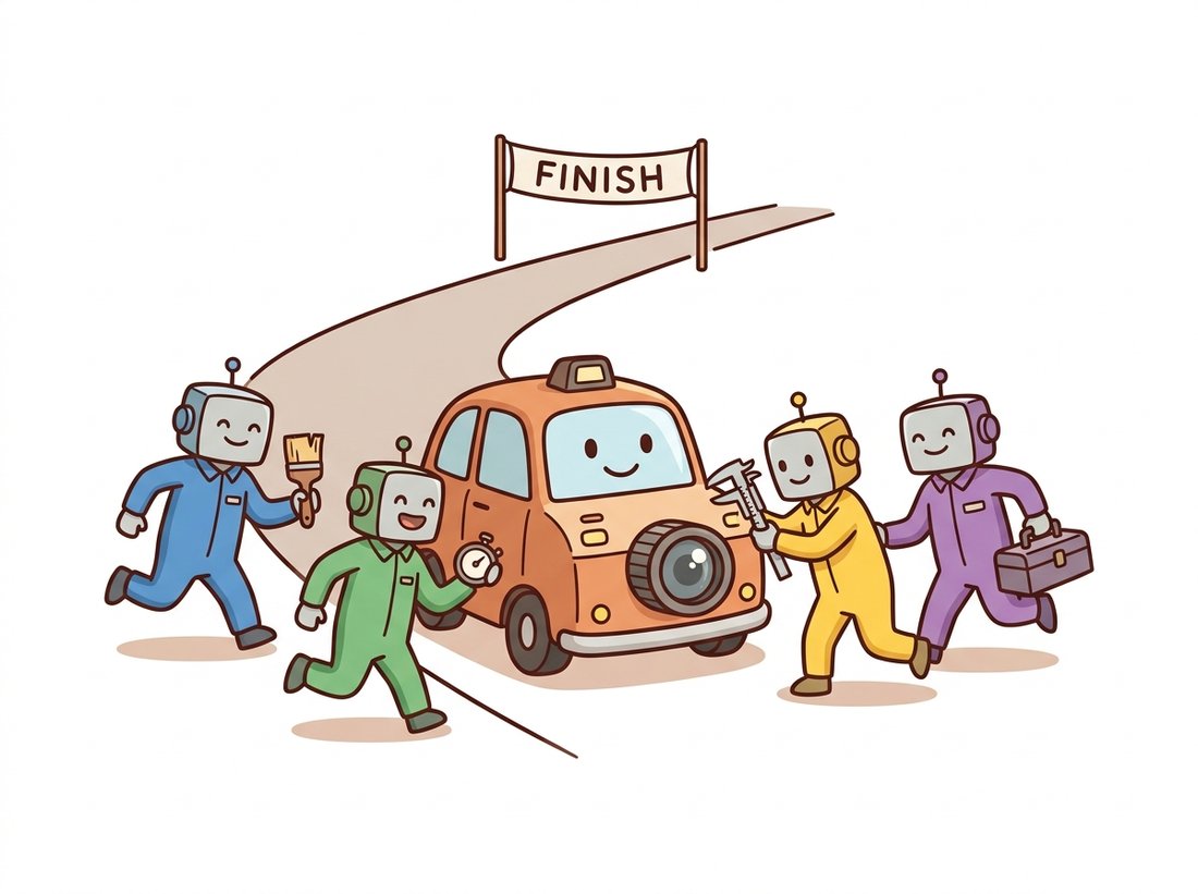 A camera-shaped cartoon race car at a pit stop while four differently colored crew robots rush in with a paintbrush, a stopwatch, a caliper, and a toolbox, illustrating Chapter 8 as the Part I pit stop where the imaging toolkit (libraries, performance tools, test data, and metrics) all come together at once.