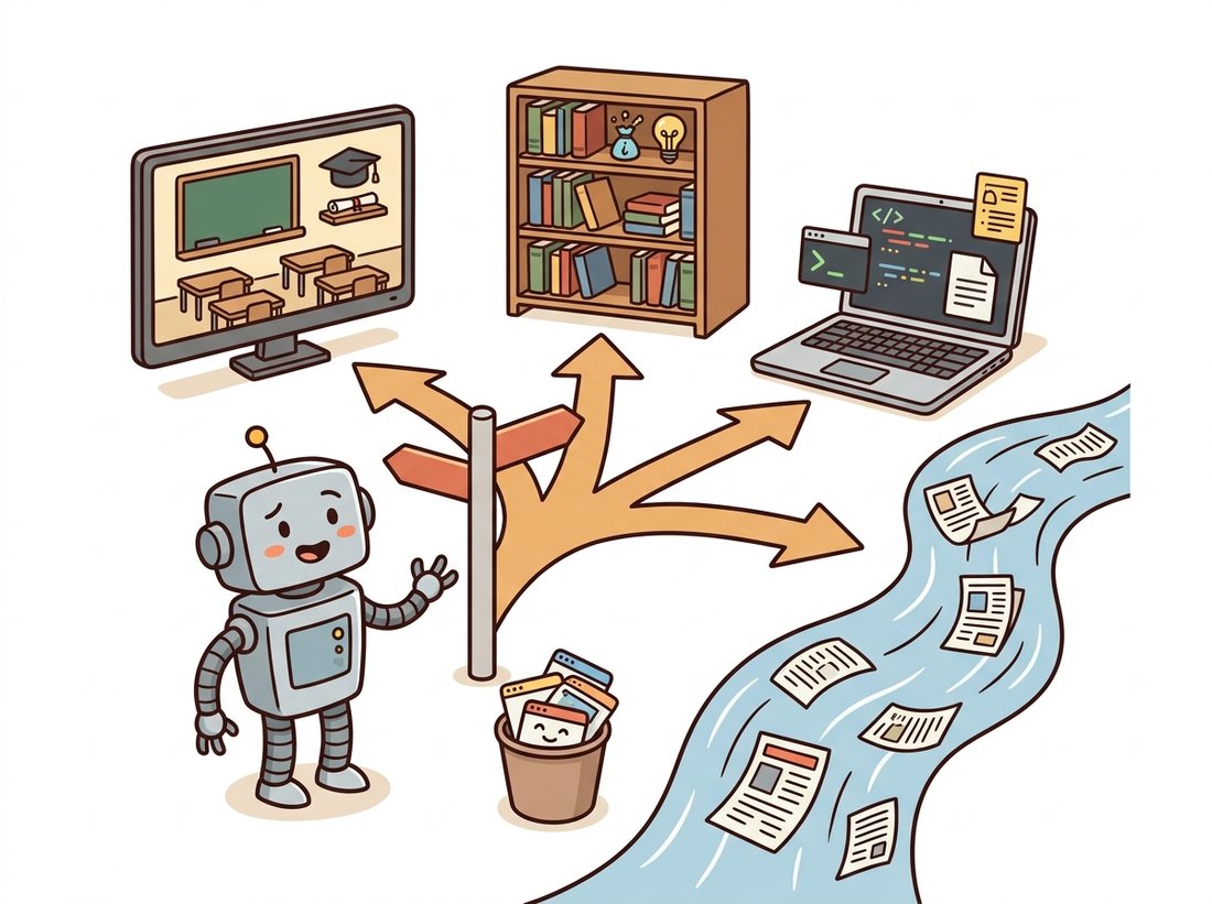 A reader robot at a four-way signpost choosing among a lecture screen for intuition, a textbook shelf for derivations, a laptop of reproducible code and docs for implementation, and a flowing feed of papers for the state of the art, with a bin of closed browser tabs nearby, illustrating the further-reading routing map that matches each question type to the right resource lane.