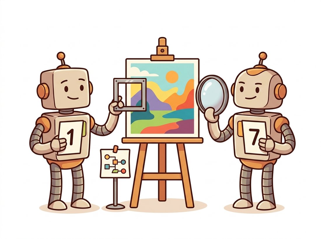 Two earnest cartoon judge robots score the same painting with different numbers because one measures through a small square window and the other through a larger soft circular lens, illustrating that the same SSIM formula yields different scores under different window-shape and statistics conventions, so the metric is code with parameters, not just math.