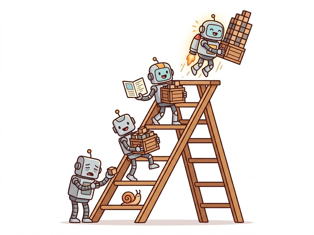 A stepladder of cartoon robots where the bottom rung moves pixels one at a time beside a snail, and higher rungs carry whole crates, then use a lookup card, then a rocket-powered robot moves a huge stack at once, illustrating the performance ladder from a slow per-pixel Python loop up to vectorized, lookup-table, and GPU-accelerated speed.