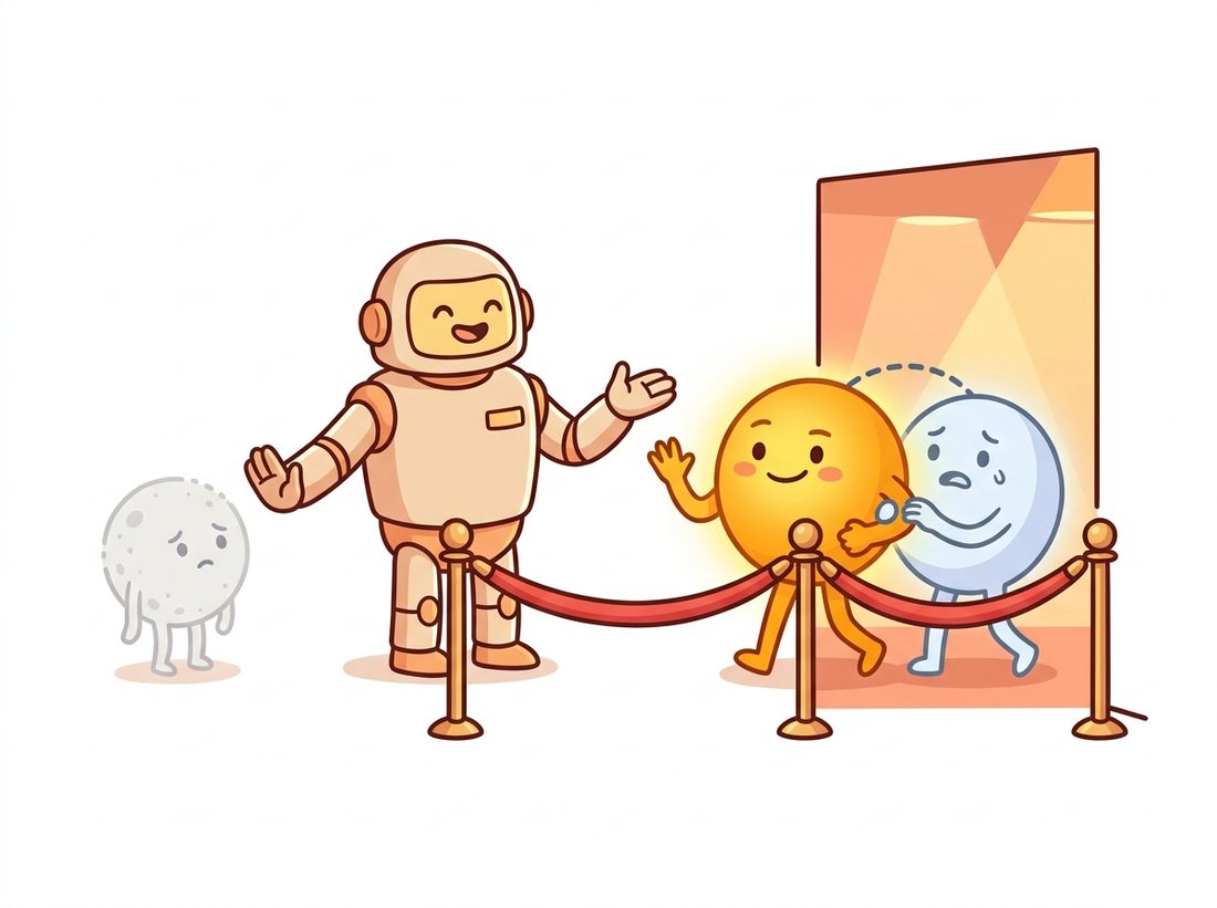 At a friendly nightclub door, a glowing strong-edge dot is admitted instantly and vouches for a dimmer weak-edge dot beside it, while a lone faint speckle with no sponsor is turned away, illustrating Canny hysteresis where weak pixels are kept only when connected to a strong edge.